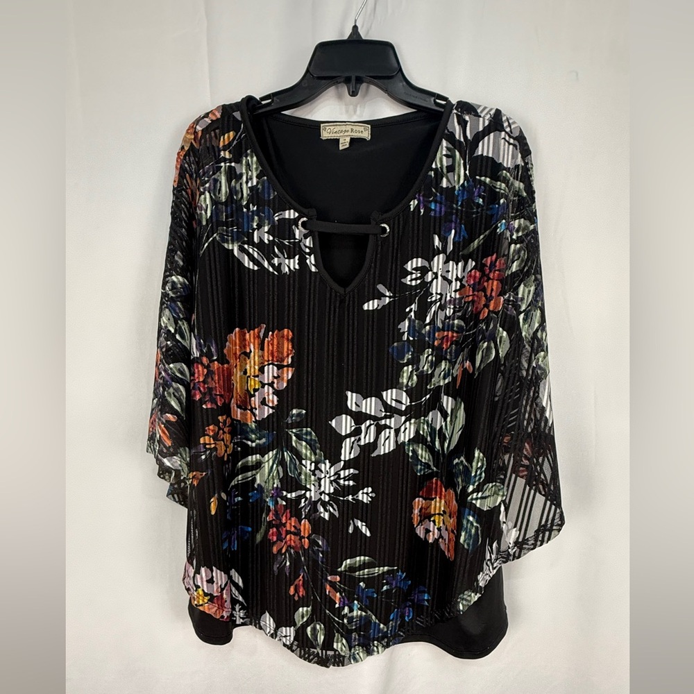 Vintage Rose Black and Orange Pleated Blouse with Relaxed Fit Size 1X